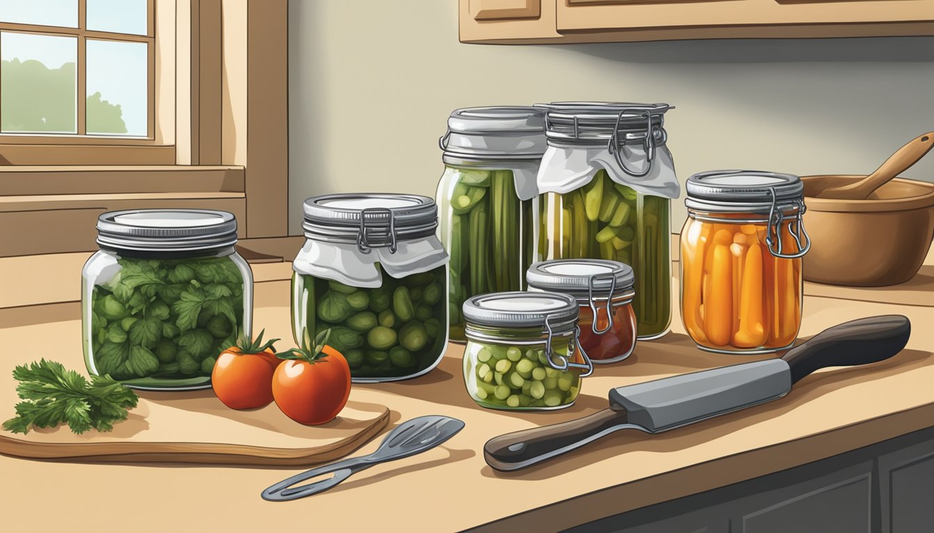 A kitchen counter with jars of homemade relish, a pot of boiling water, and a set of canning tools