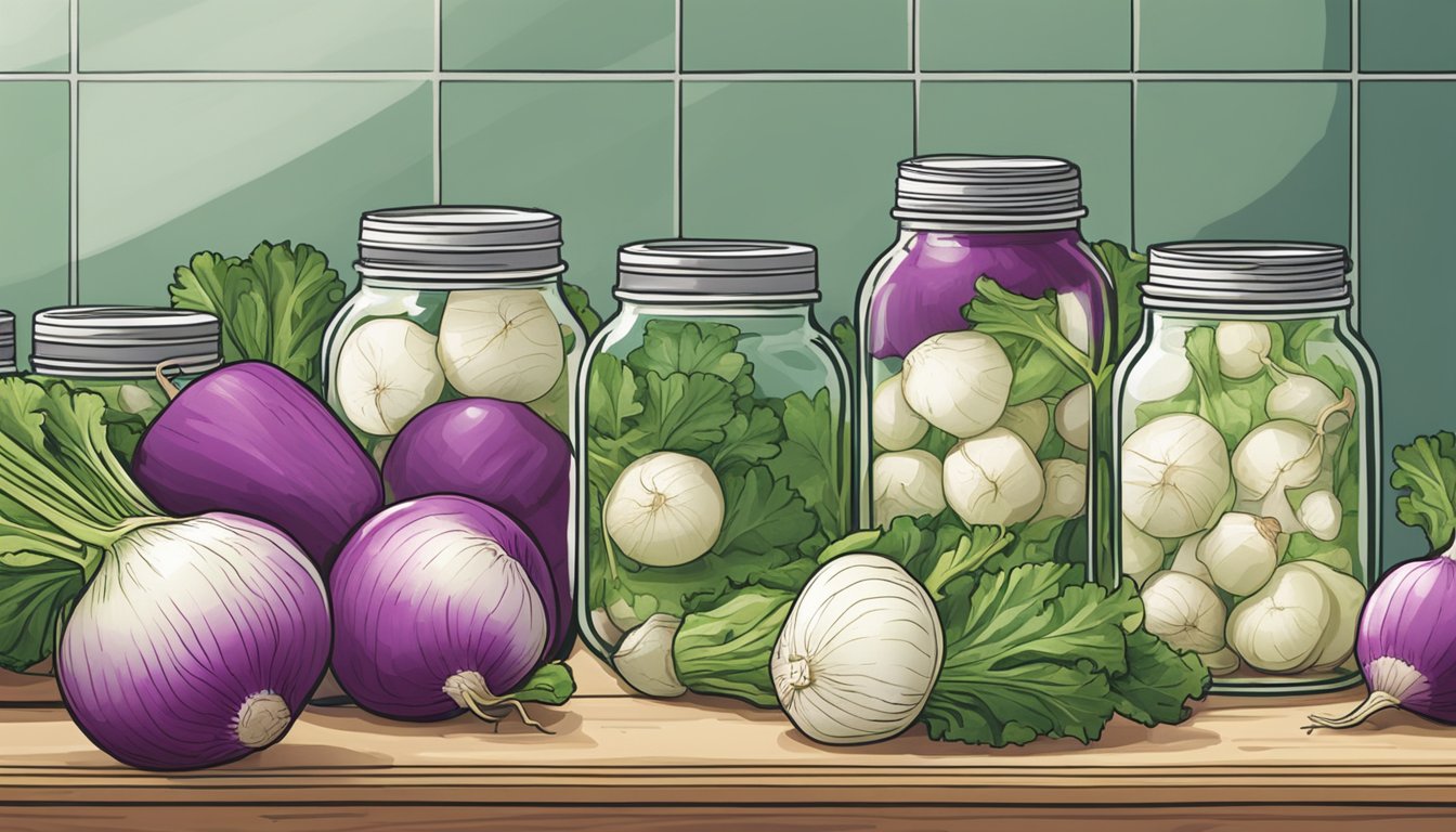 Fresh turnips being washed, peeled, and sliced. Canning jars lined up on a counter, ready to be filled with the prepared turnips