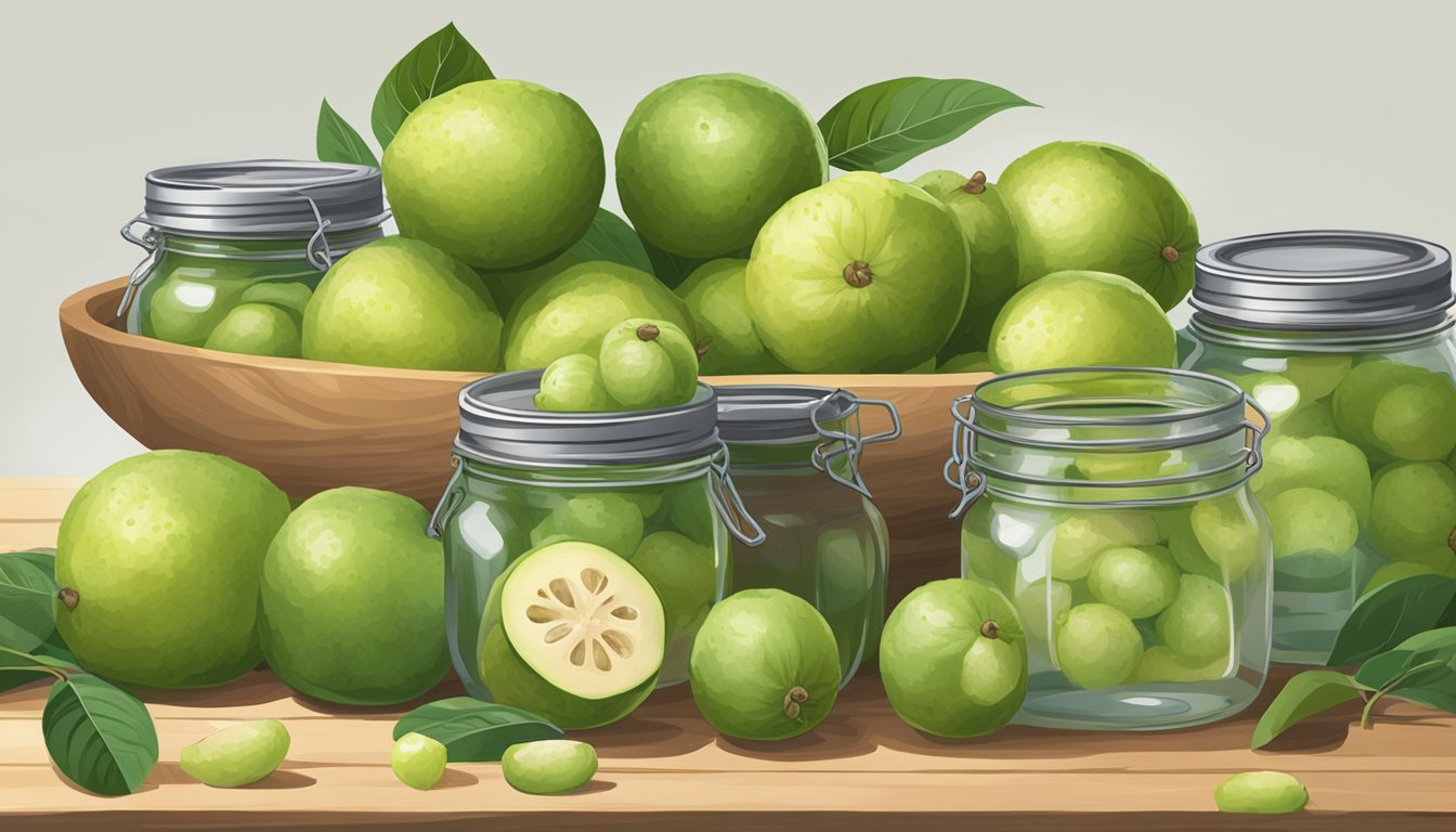 Ripe guavas being washed, peeled, and sliced on a clean cutting board, surrounded by canning jars and lids