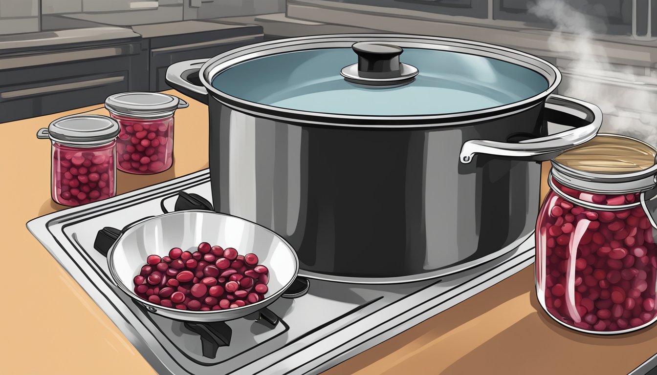 A pot of homemade cranberry sauce simmers on a stovetop, steam rising as it is being processed and canned