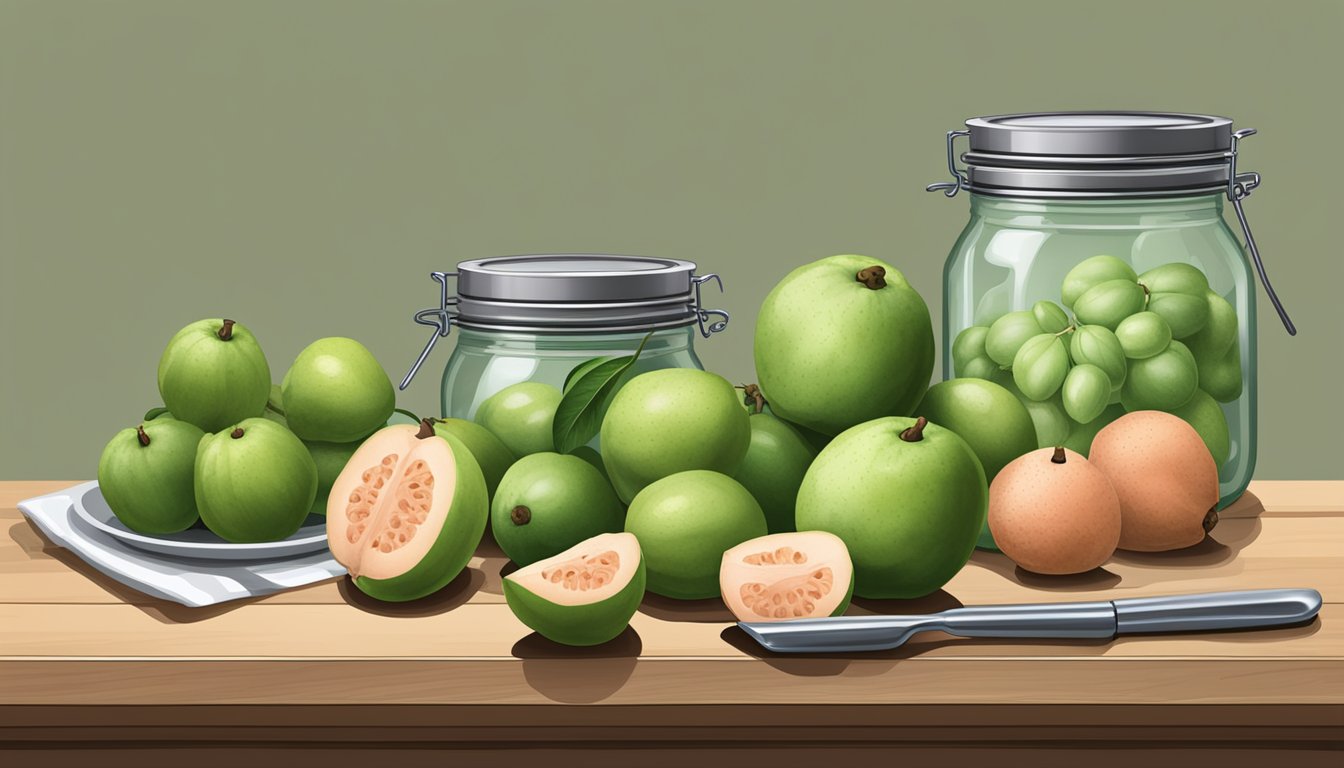 A kitchen counter with fresh guavas, a pot of boiling water, canning jars, and a pair of tongs for preserving guava through canning