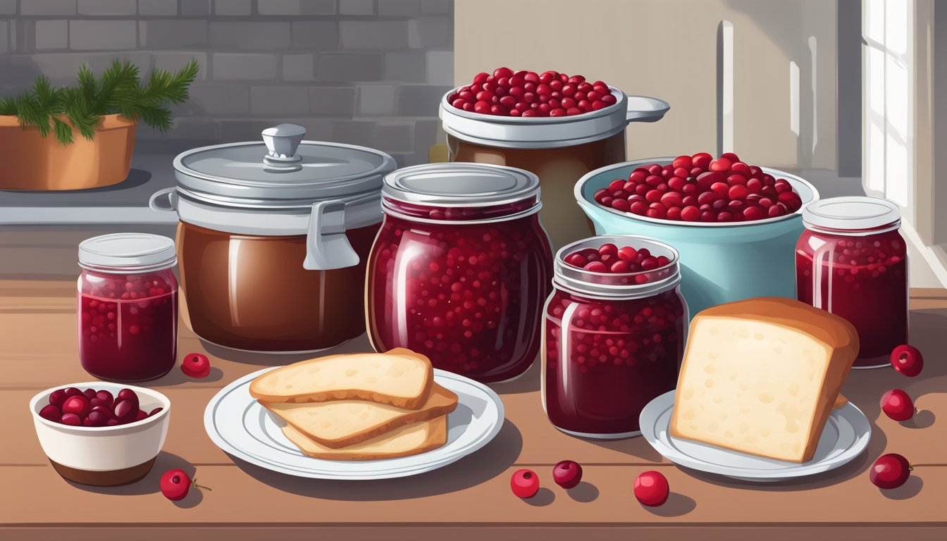 A kitchen counter with jars of homemade cranberry sauce, surrounded by fresh cranberries and a pot of simmering sauce