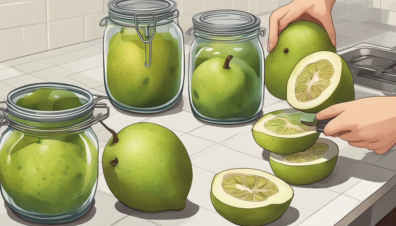 A person slicing guavas and placing them into glass jars, followed by sealing and boiling the jars in a large pot of water