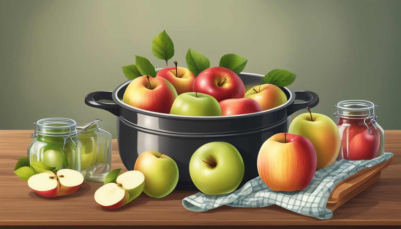 A pot of simmering apples surrounded by jars and ingredients on a wooden table