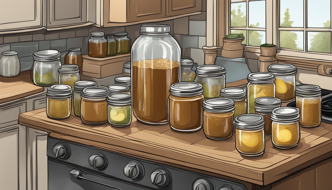 A pot of apple butter bubbles on a stove, surrounded by jars and lids for canning