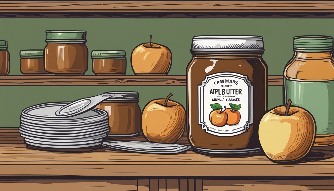 A glass jar of homemade apple butter sits on a wooden shelf, surrounded by other canned goods. The label on the jar indicates the date it was canned