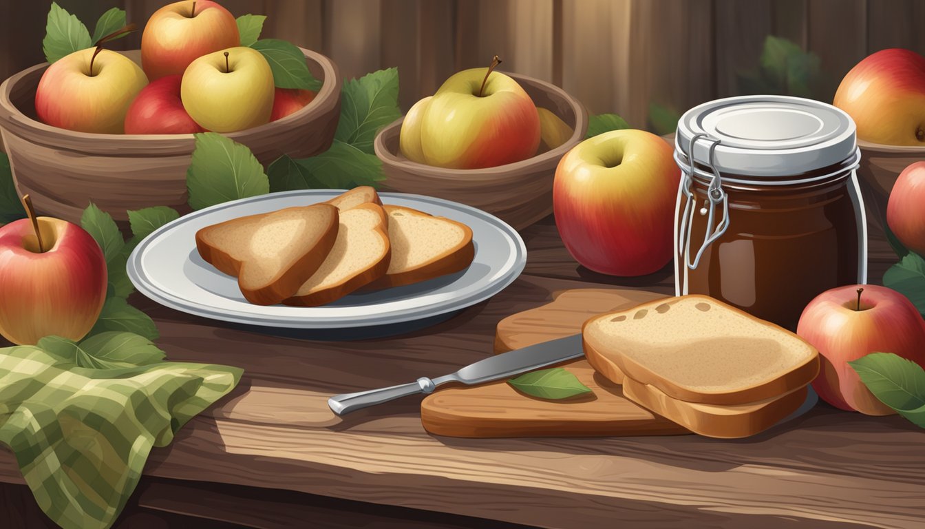 A jar of homemade apple butter surrounded by freshly baked bread and an assortment of fruits on a rustic wooden table