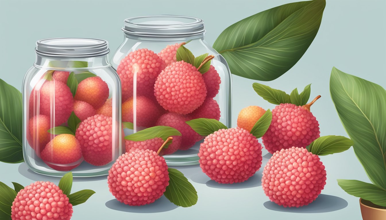 Lychee fruits being prepared and preserved in glass jars with syrup