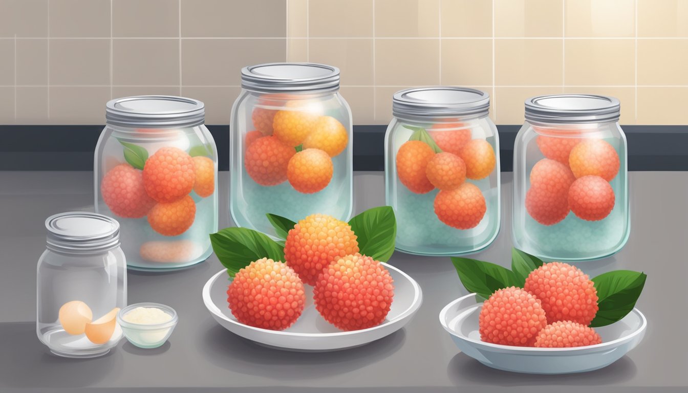 Fresh lychee being peeled, pitted, and packed into sterilized jars. A boiling water bath canner processing the jars for shelf-stable preservation