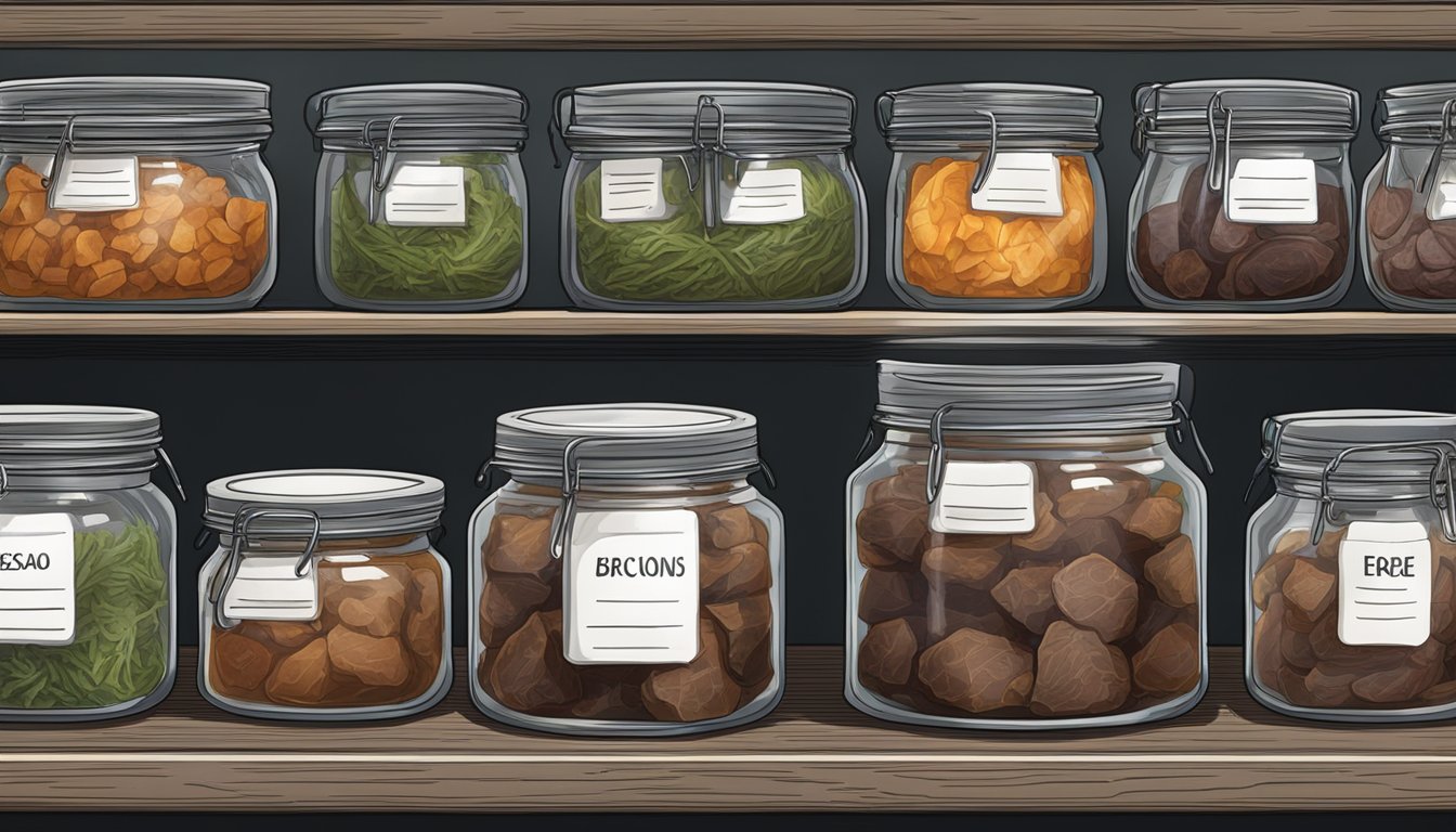 Bison meat being sealed in glass jars, labeled and stored in a cool, dark pantry for long-term preservation