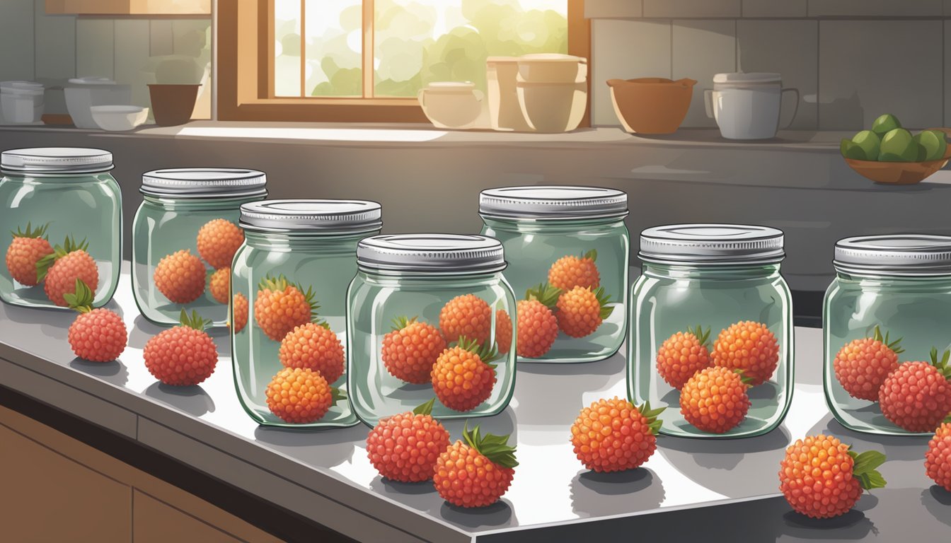 Lychees being carefully placed into glass jars, sealed with lids, and submerged in boiling water for canning