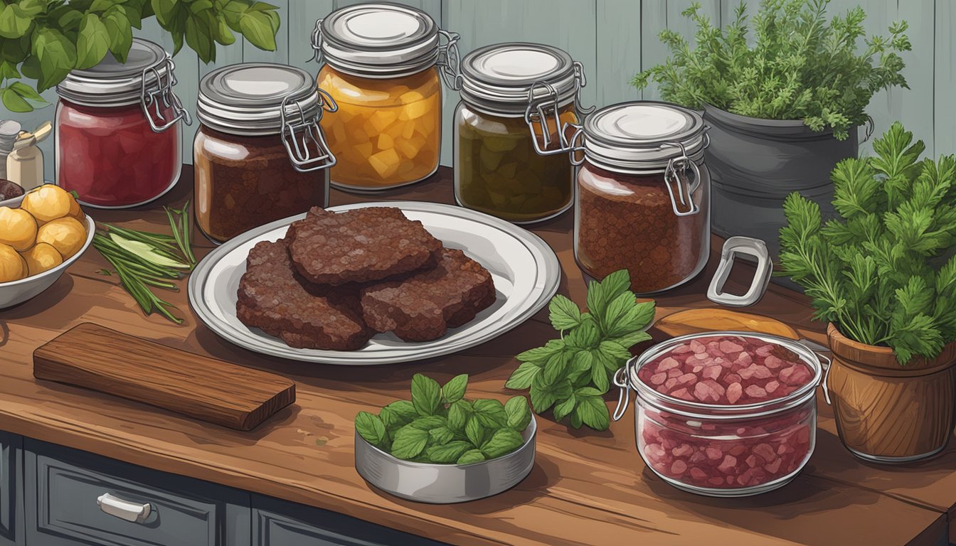 A rustic kitchen counter with jars of canned bison meat, surrounded by fresh herbs and spices