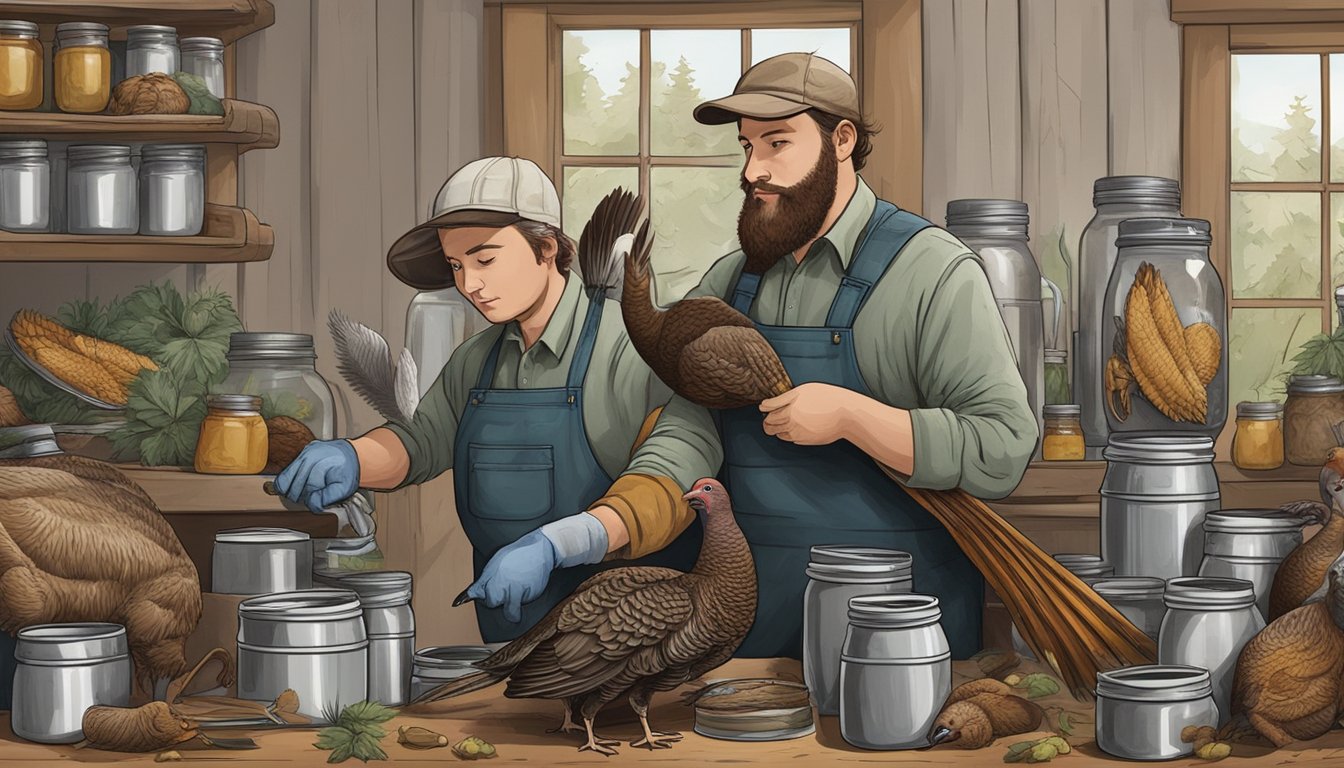 A hunter plucking and cleaning a wild turkey, surrounded by canning jars and equipment