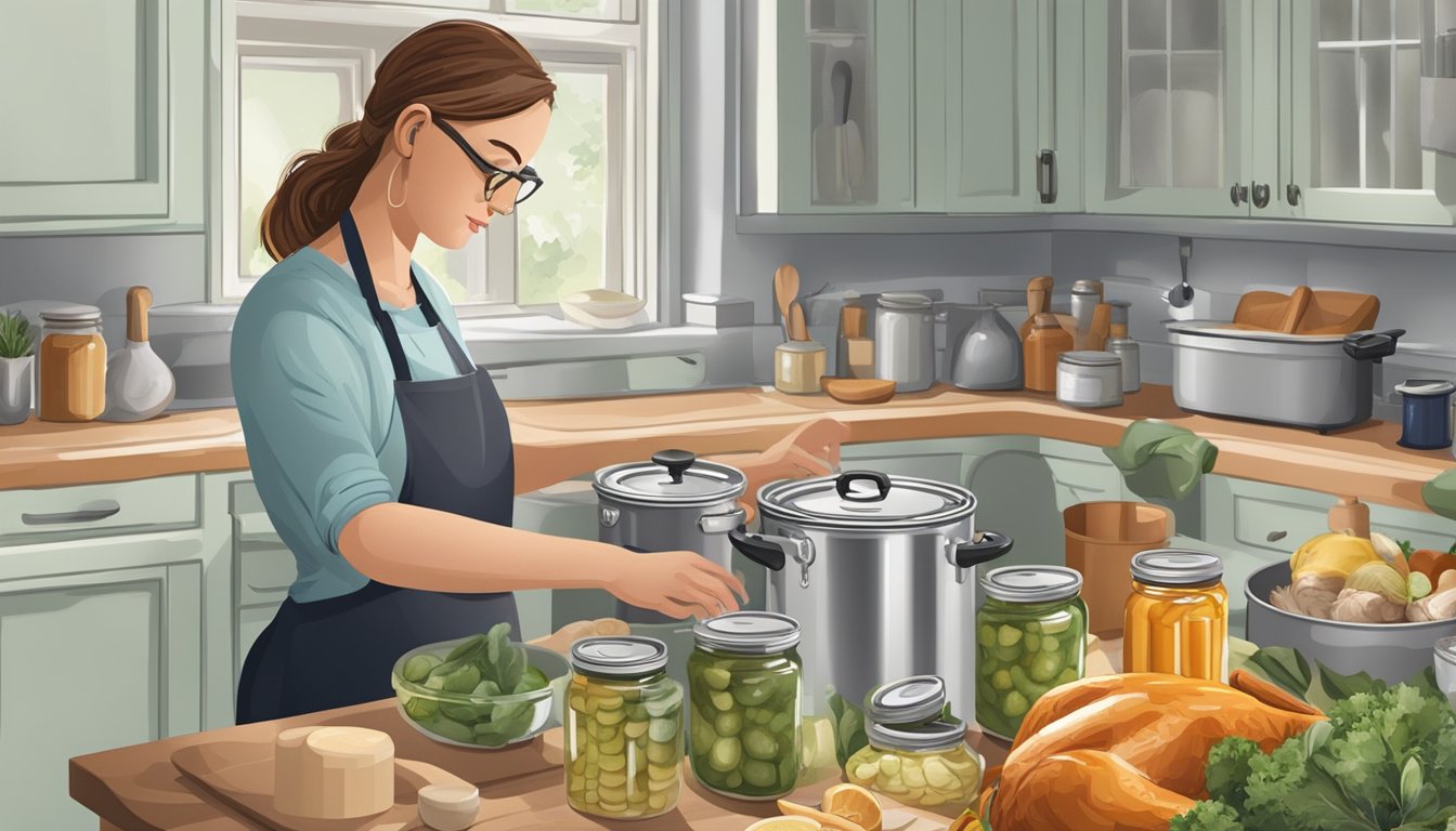 A person in a kitchen, sealing jars of canned turkey with a pressure canner on the stove, surrounded by ingredients and cooking utensils