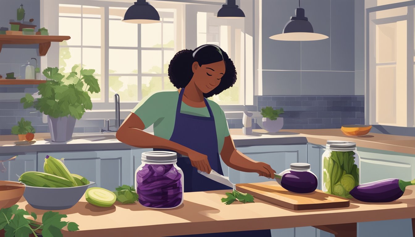 A person slicing and canning eggplant in a well-lit kitchen with jars, cutting board, and utensils