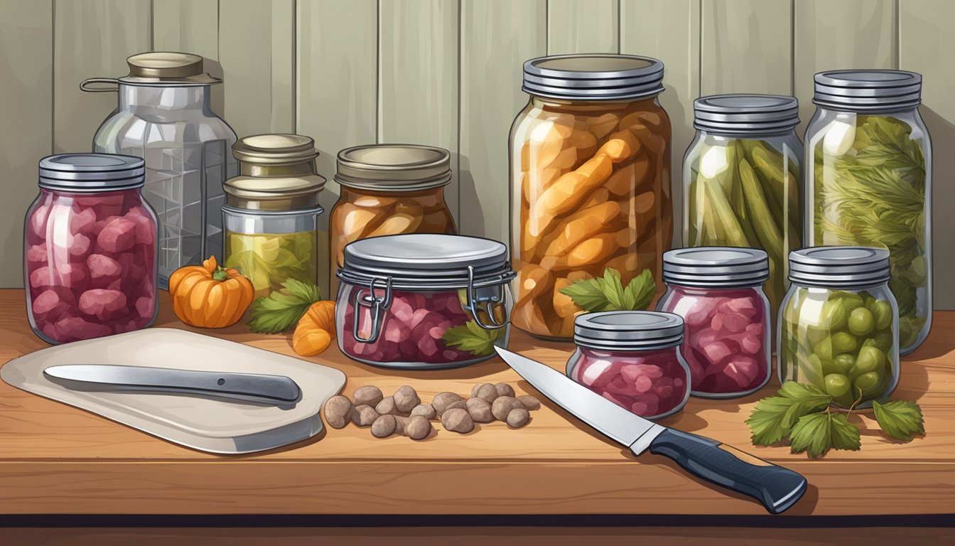 A table with jars, lids, a pressure canner, and a cutting board with squirrel meat and a knife