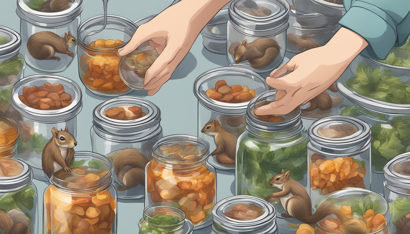 A person placing squirrel meat into glass jars, sealing them with lids, and submerging them into a large pot of boiling water