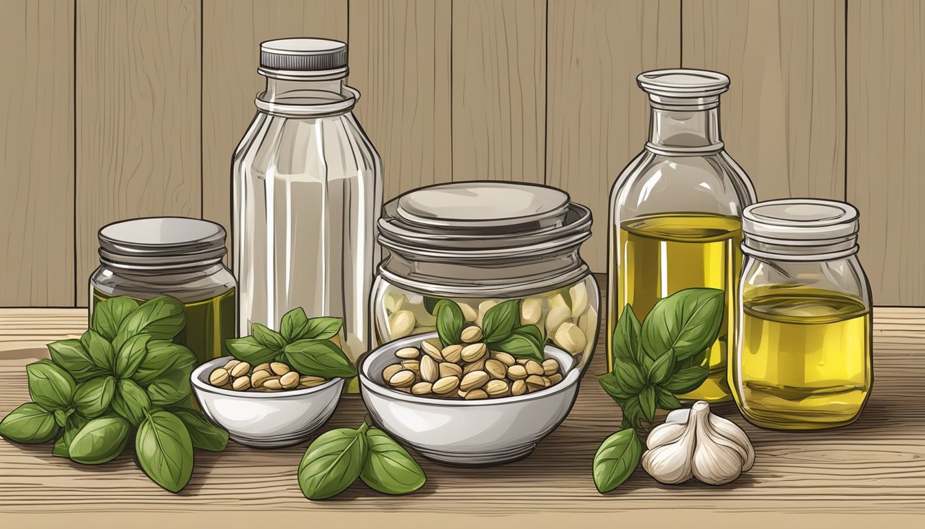 Fresh basil, garlic, pine nuts, and olive oil arranged on a wooden table beside a mortar and pestle. Jars and lids ready for canning