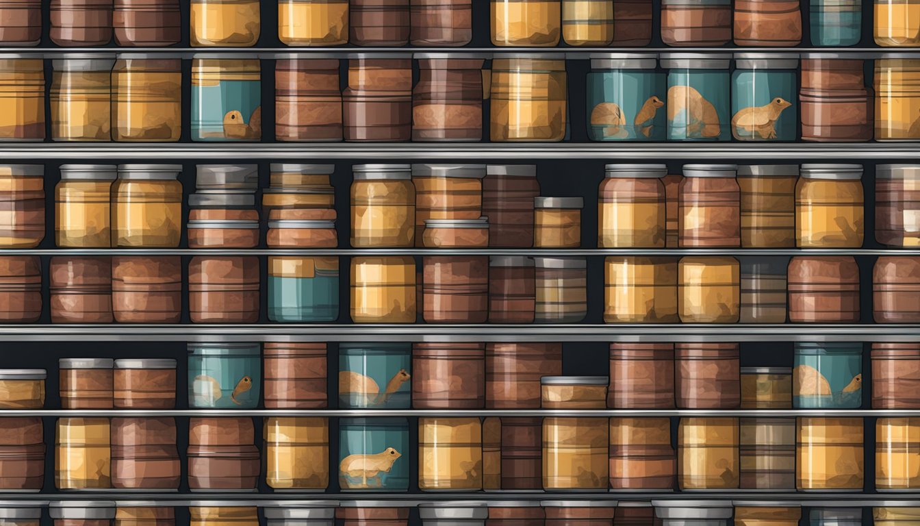 A shelf lined with rows of canned squirrel meat, sealed jars stacked neatly in a cool, dark pantry