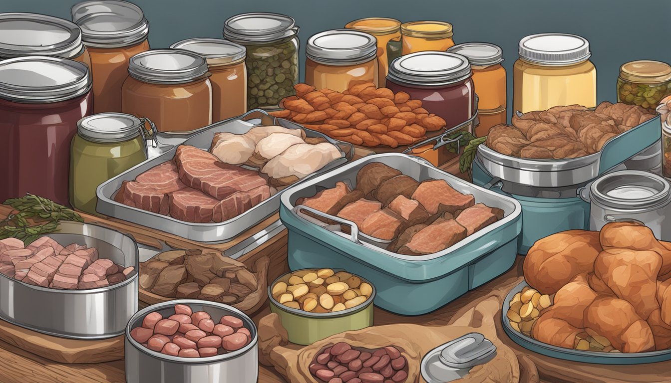 A table with various canned meats, including squirrel, next to a canning station with jars, a pressure cooker, and raw squirrel meat