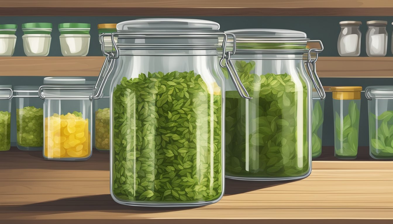 A glass jar filled with homemade pesto, sealed with a lid, placed on a shelf in a pantry