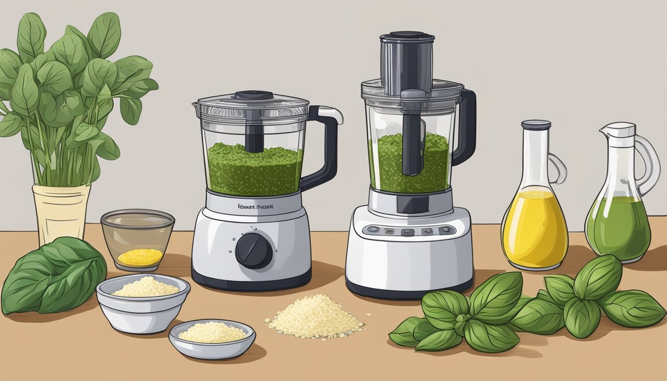 A person using a food processor to blend fresh basil, garlic, pine nuts, olive oil, and parmesan cheese to make homemade pesto