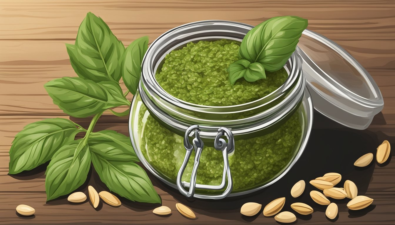 A jar of homemade pesto being sealed with a lid, surrounded by fresh basil leaves and pine nuts on a wooden table