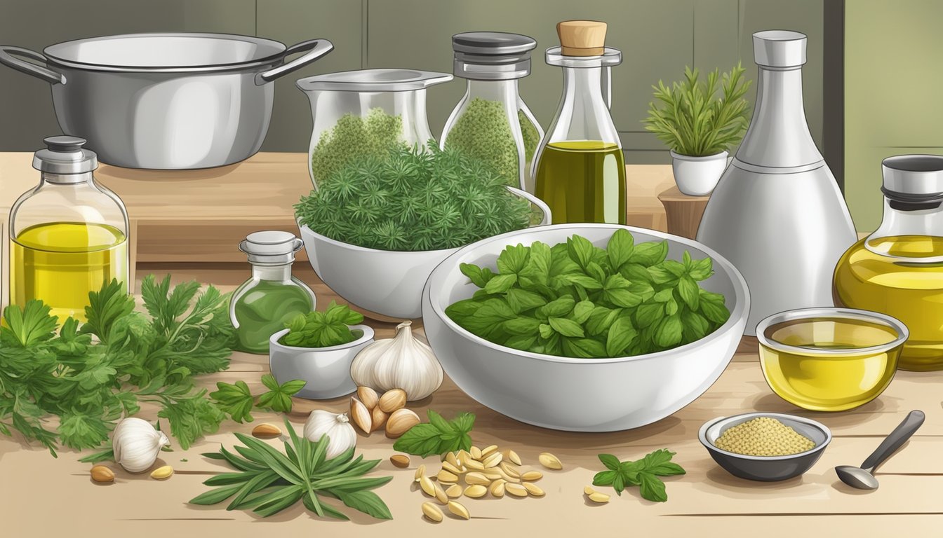 A kitchen counter with assorted fresh herbs, garlic, pine nuts, and olive oil, along with a mortar and pestle or food processor for making homemade pesto