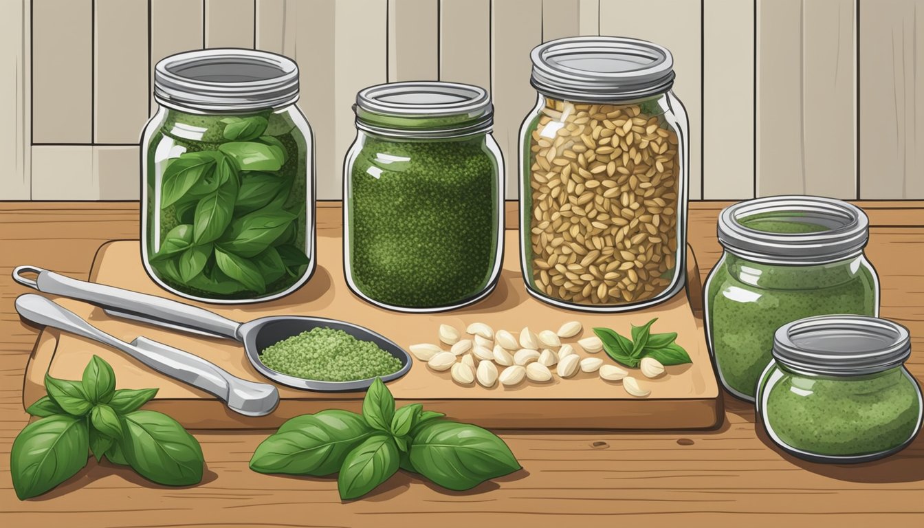 A kitchen counter with fresh basil, pine nuts, garlic, and a mortar and pestle. Jars of homemade pesto lined up for canning