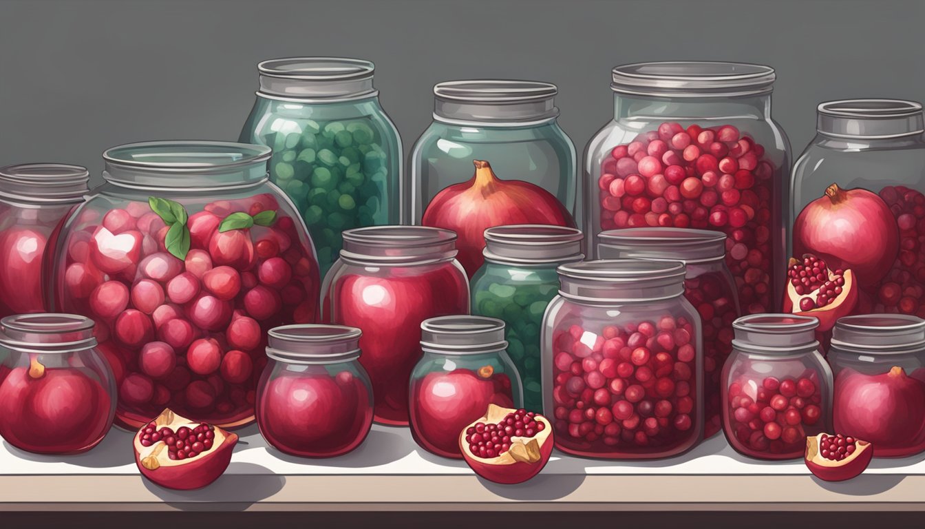 A table filled with ripe pomegranates, a large pot boiling on a stove, and rows of glass jars ready for canning