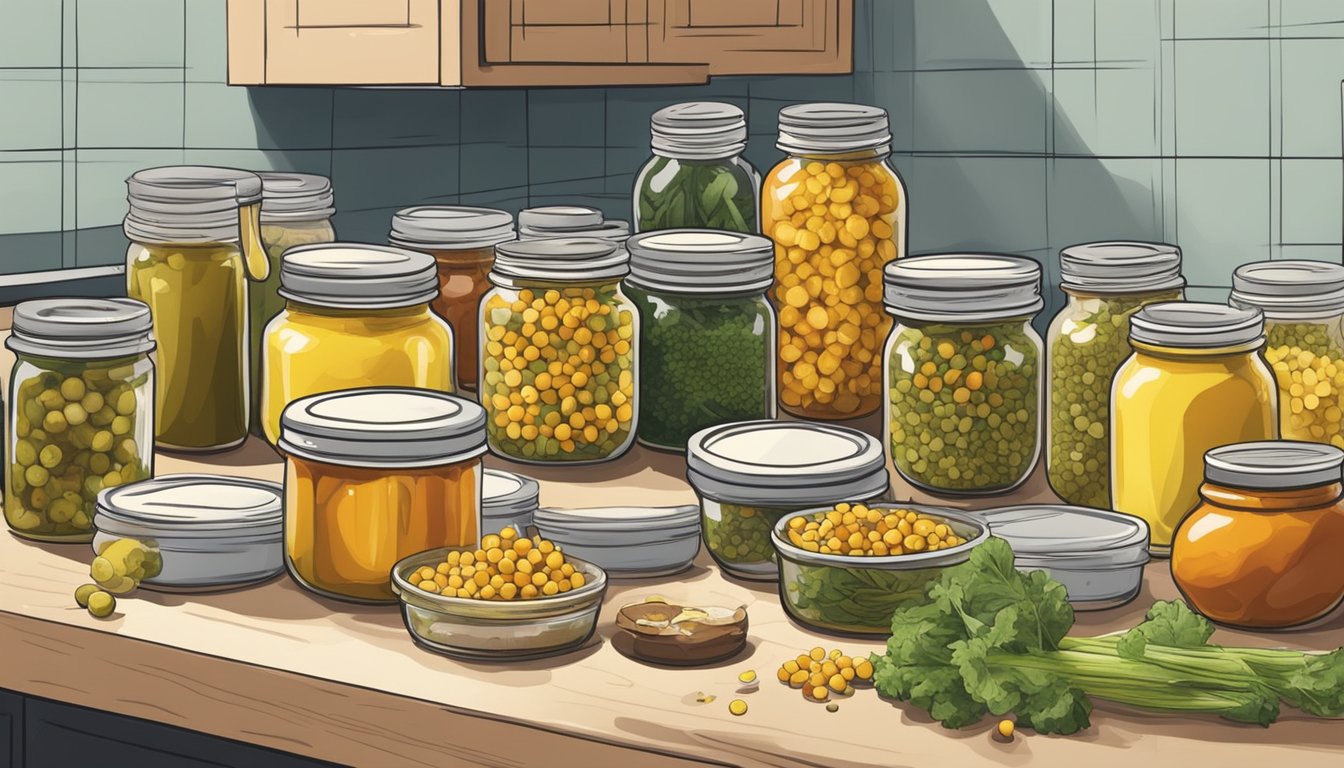 A kitchen counter with jars of homemade piccalilli being filled and sealed with lids. Ingredients like vegetables, vinegar, and spices are laid out nearby