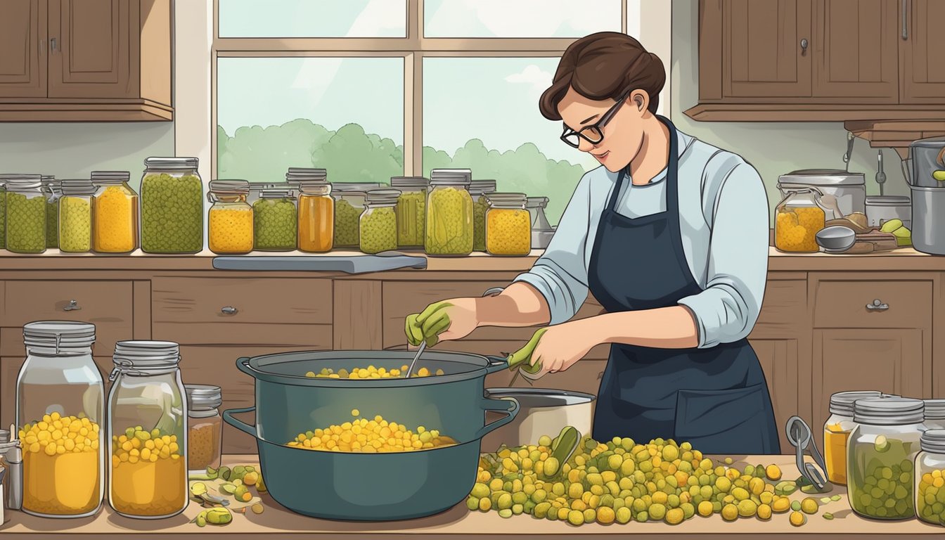 A person wearing gloves and an apron, using a large pot to boil jars of homemade piccalilli, with a thermometer and canning tools nearby