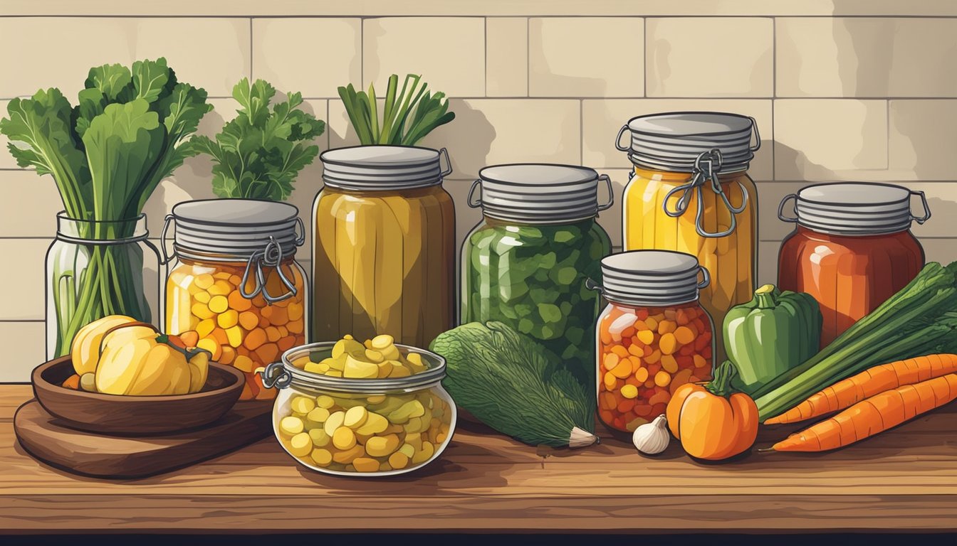 A rustic kitchen counter with jars of colorful vegetables, vinegar, and spices, along with a cutting board and knife for making homemade piccalilli