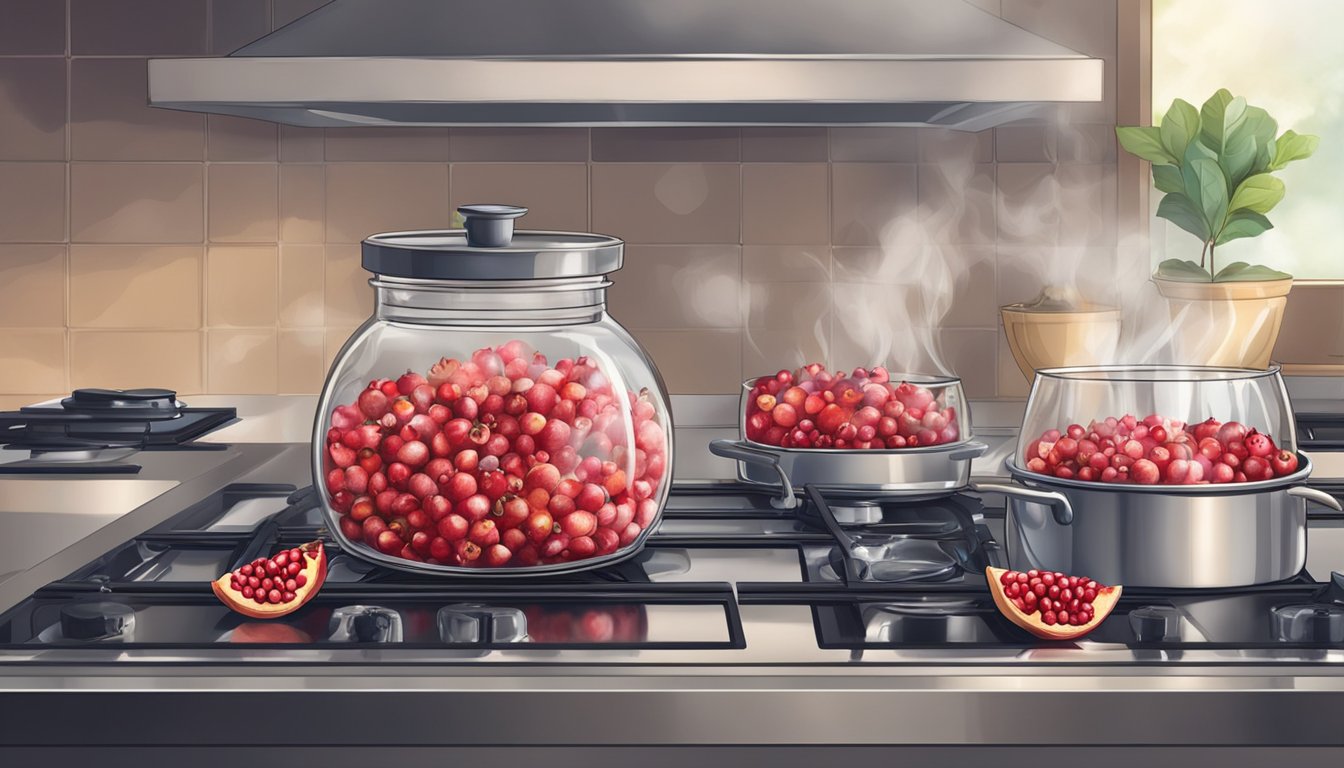 Pomegranates being carefully placed in glass jars, surrounded by boiling water in a large pot on a stove