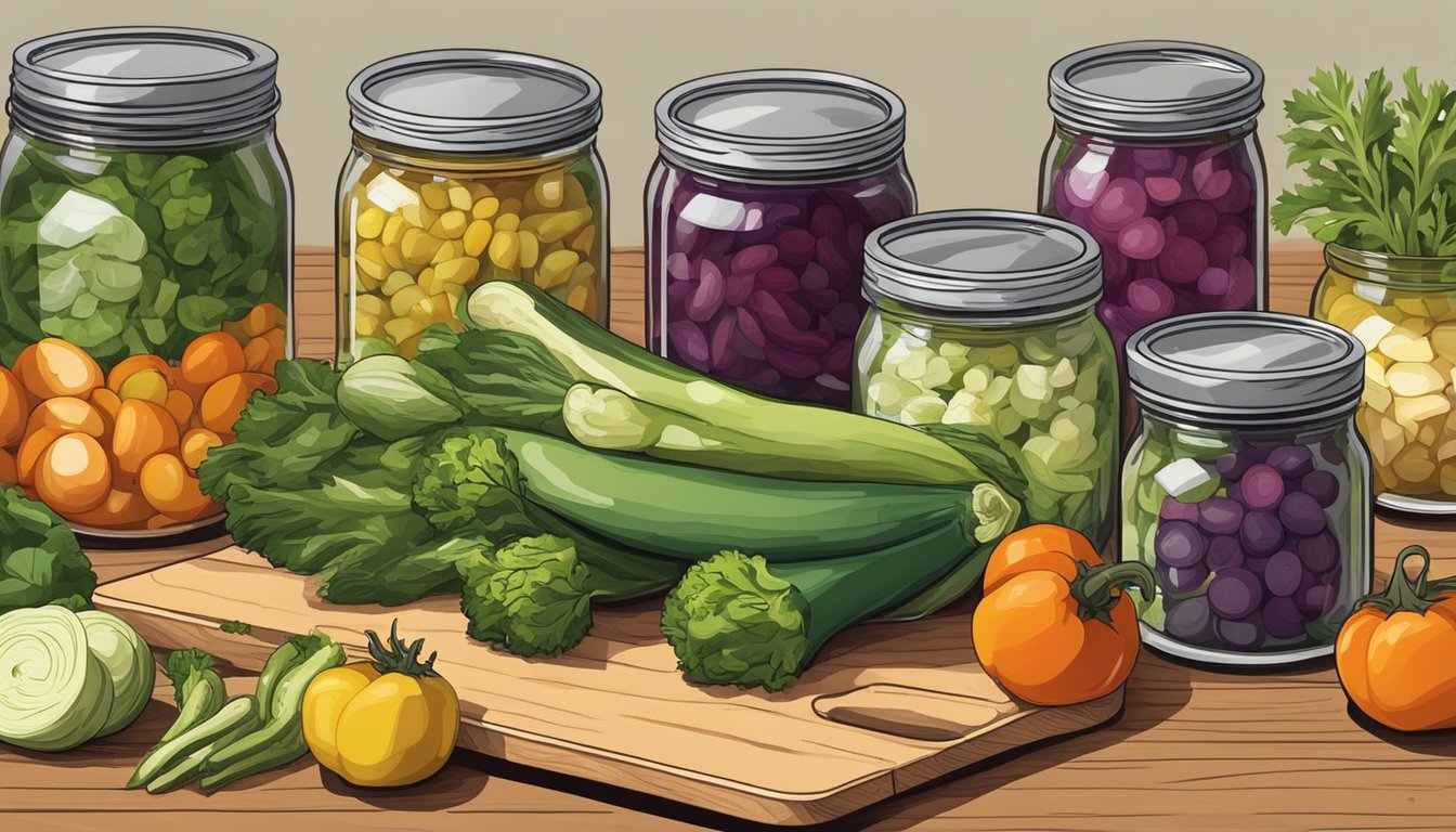 A kitchen counter with assorted fresh vegetables, cutting board, knife, and jars ready for canning homemade piccalilli