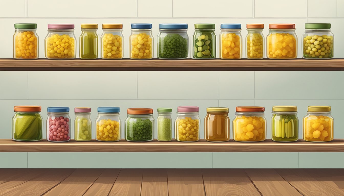 A row of glass jars filled with vibrant homemade piccalilli, sealed with lids, lined up on a wooden shelf