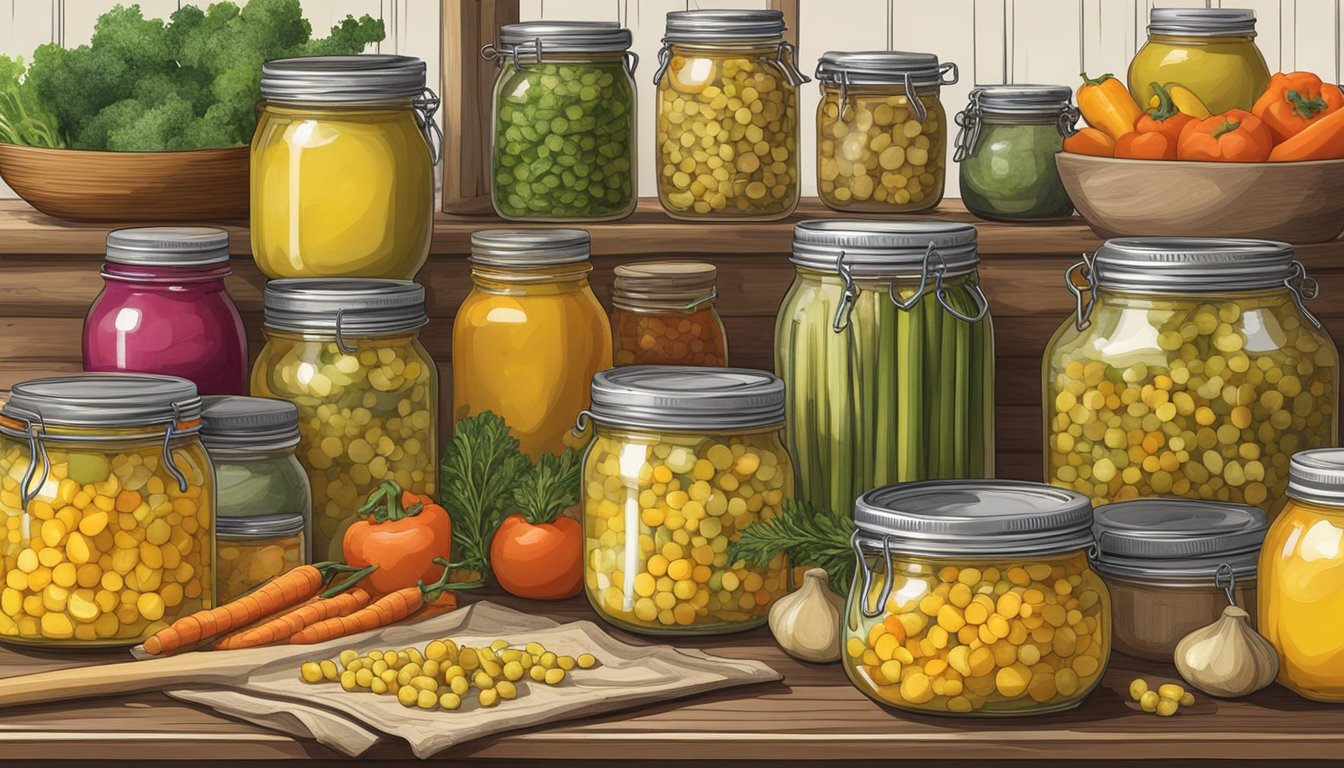 A rustic kitchen table with jars of homemade piccalilli, fresh vegetables, and canning supplies