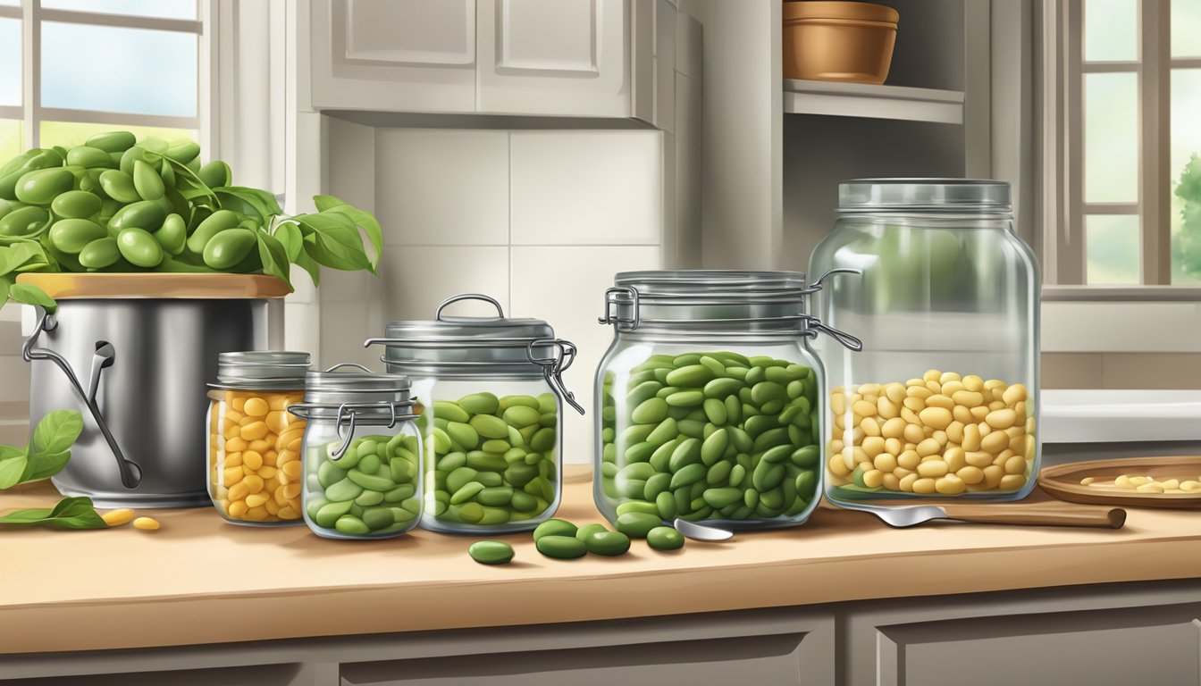 A kitchen counter with jars, fresh lima beans, a pot of boiling water, and a canning funnel and tongs