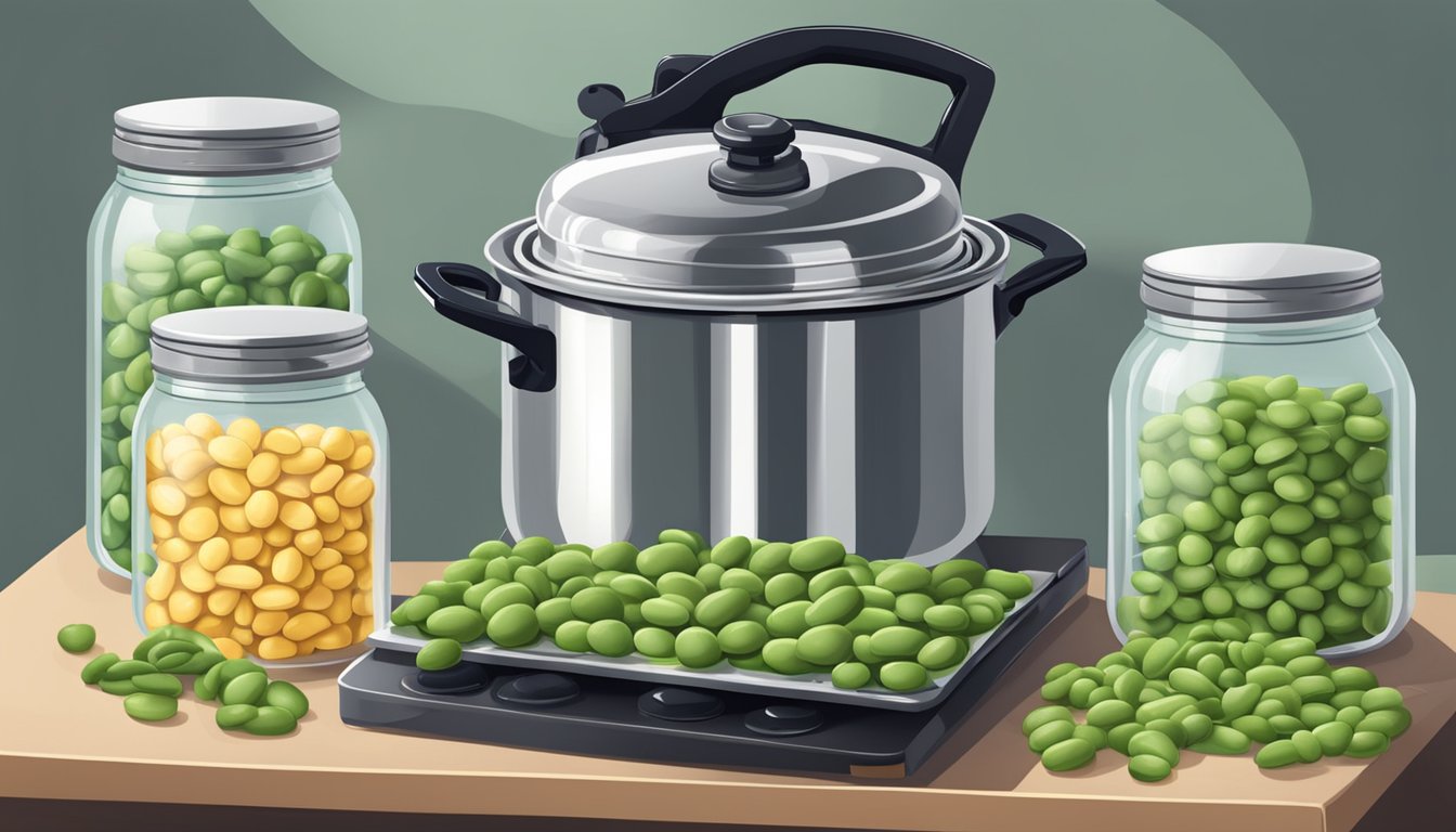 Lima beans being sealed in glass jars with metal lids, surrounded by boiling water in a large pot on a stove