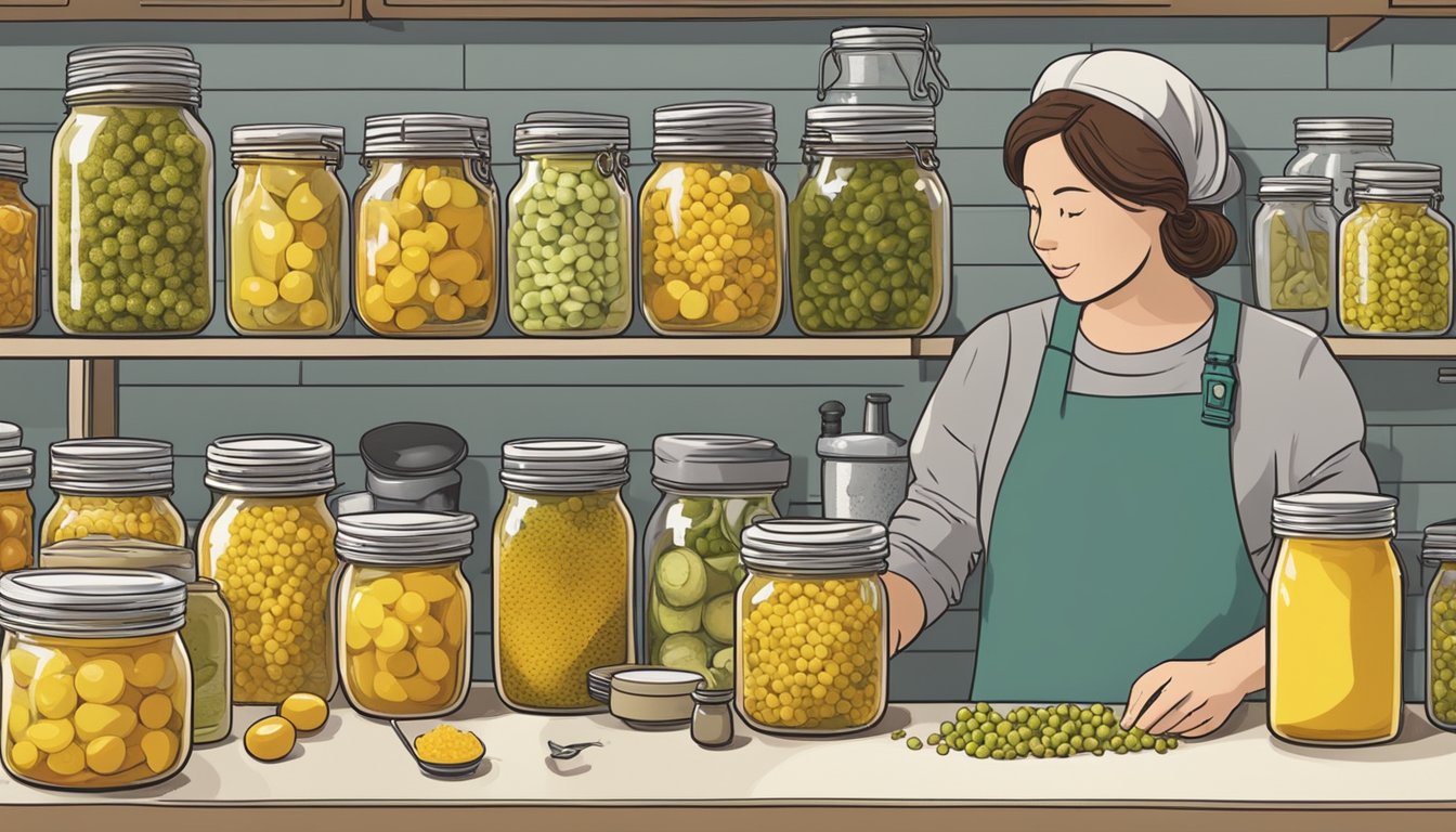 A person examining jars of piccalilli, surrounded by canning equipment and ingredients on a kitchen counter