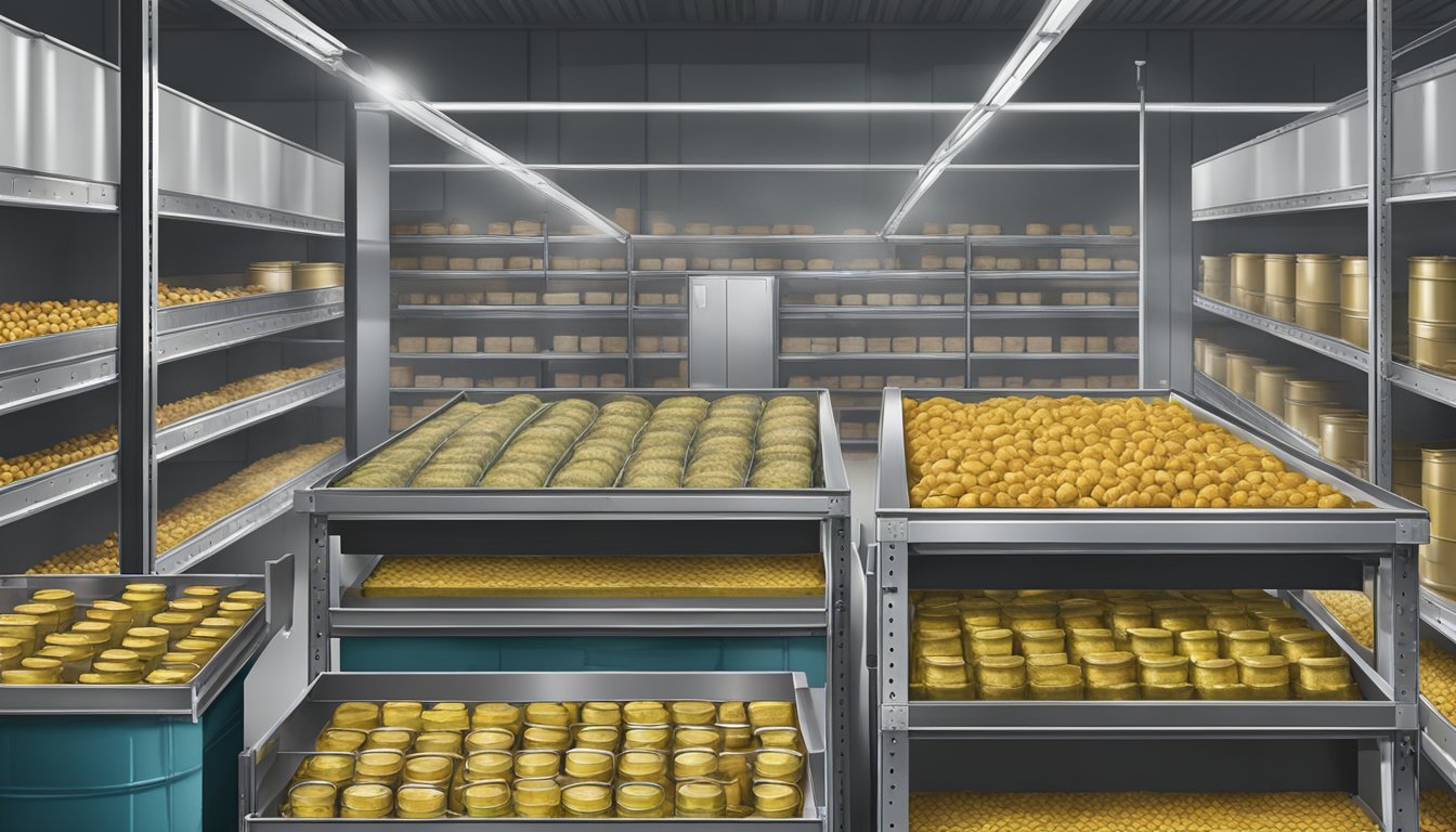 Alligator meat being packed into metal cans, sealed with a machine, and stacked on shelves in a warehouse for long-term storage