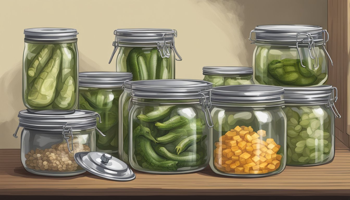 An alligator meat canning process with jars, pressure cooker, and safety gear