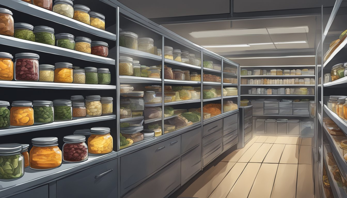 Alligator meat being sealed in glass jars with metal lids, surrounded by shelves of preserved foods in a dimly lit storage room