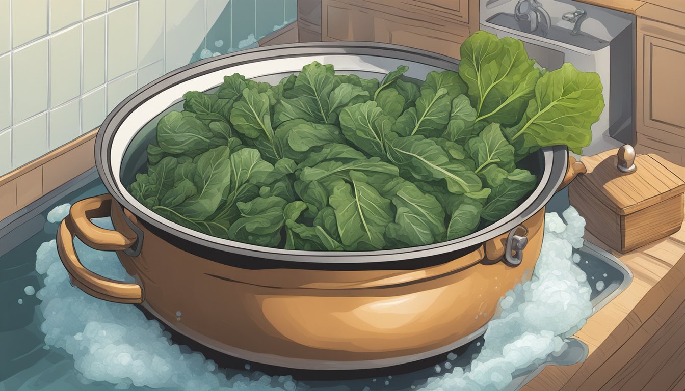 A large pot of boiling water with collard greens being submerged, followed by an ice bath for cooling