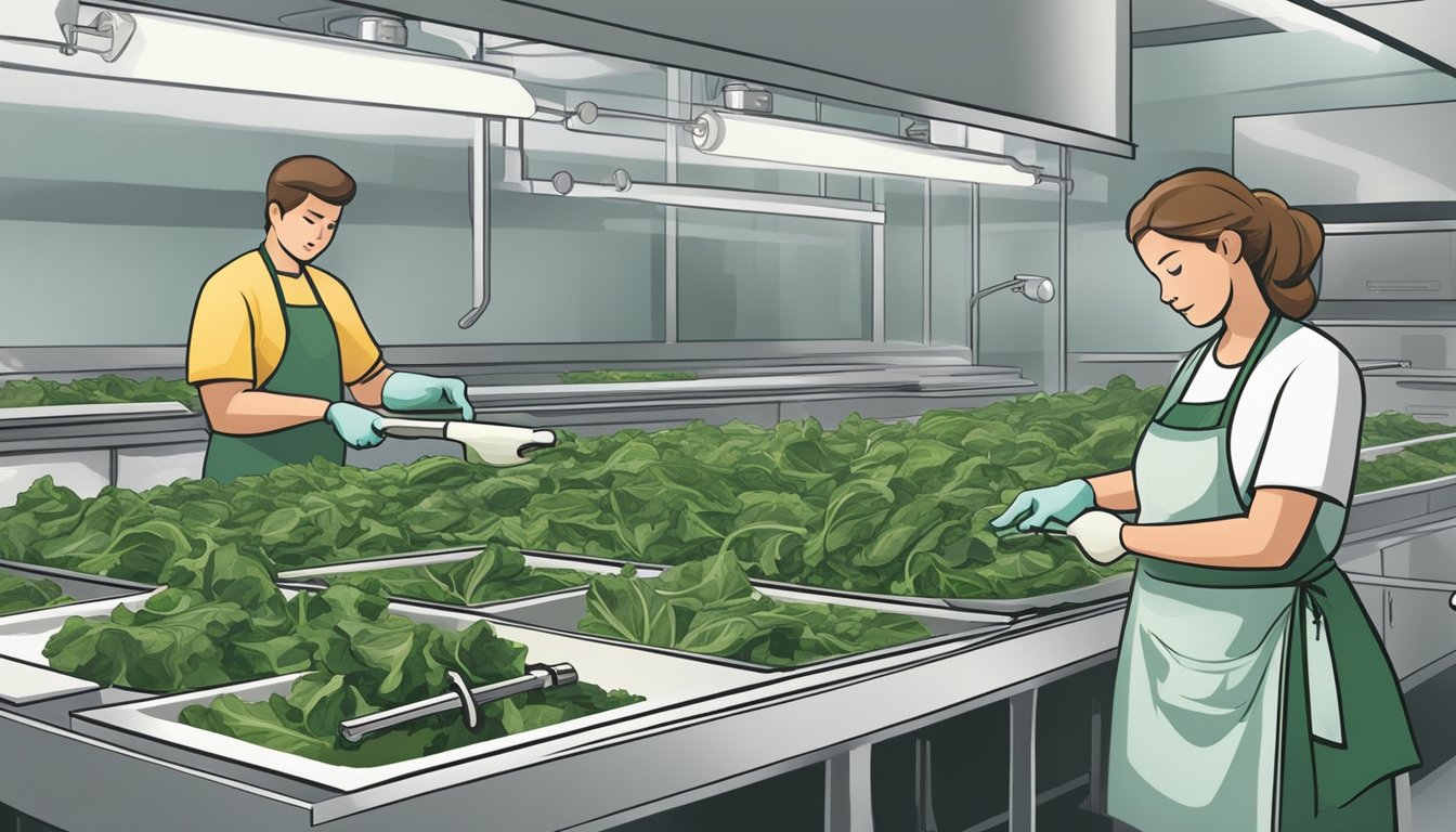 Fresh collard greens being washed, chopped, and packed into sterilized jars. Jars are then sealed and placed in a pressure canner for processing