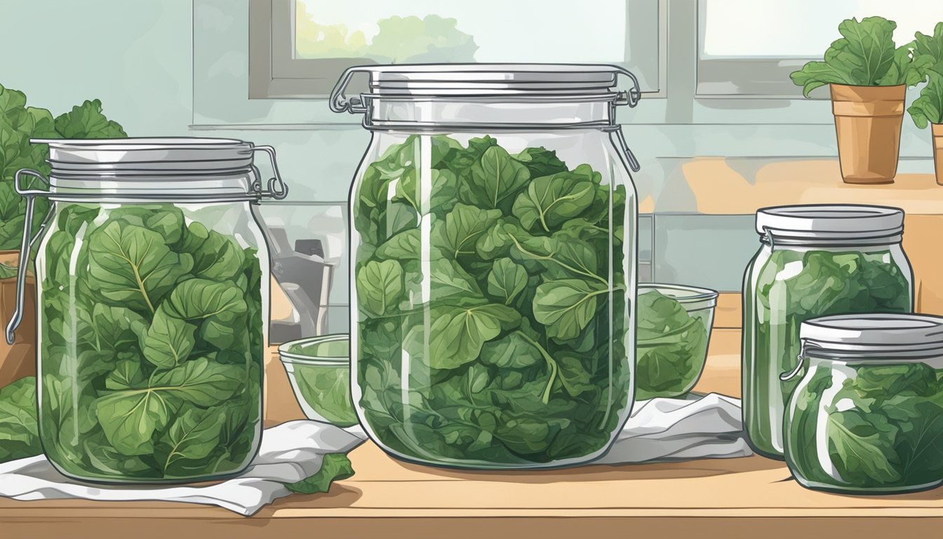 Fresh collard greens being washed, chopped, and packed into glass jars. A pot of boiling water and canning supplies nearby