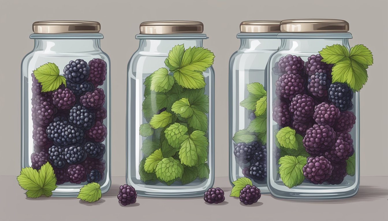 Mulberries being carefully placed into glass jars, sealed with lids, and submerged in a boiling water bath for preservation