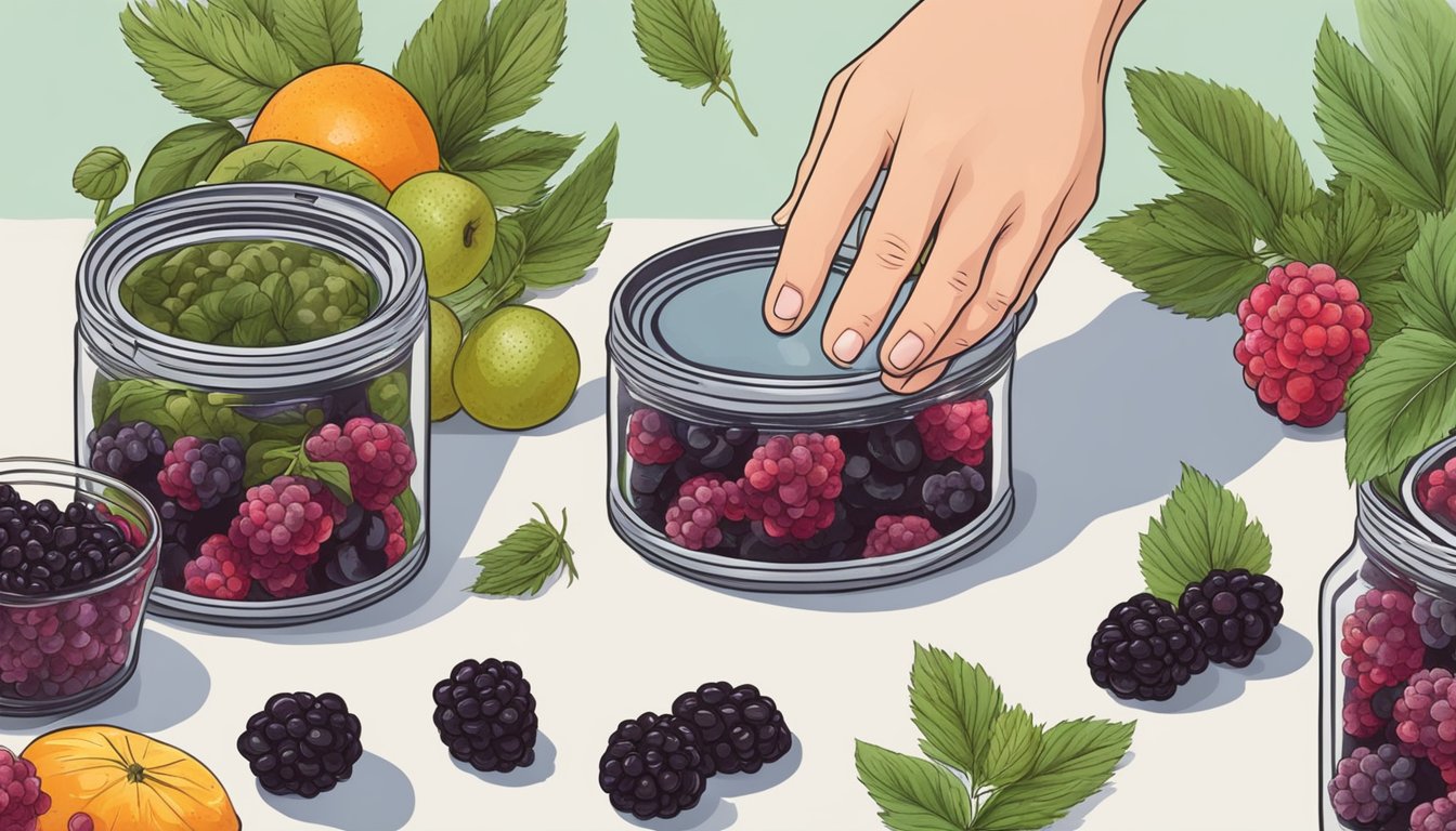 A hand reaching for a jar of canned mulberries surrounded by fresh fruits and herbs