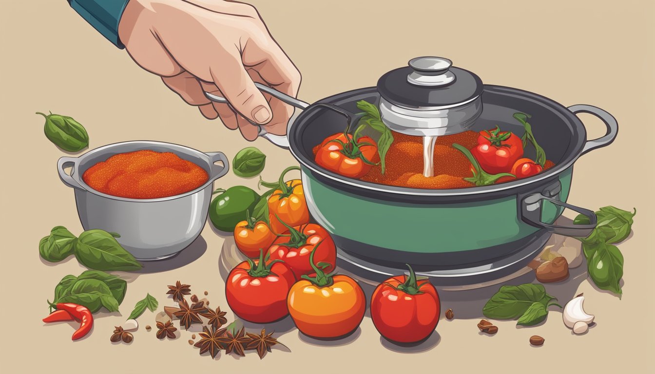 A hand pouring fresh tomatoes, peppers, and spices into a pot to make homemade chili sauce