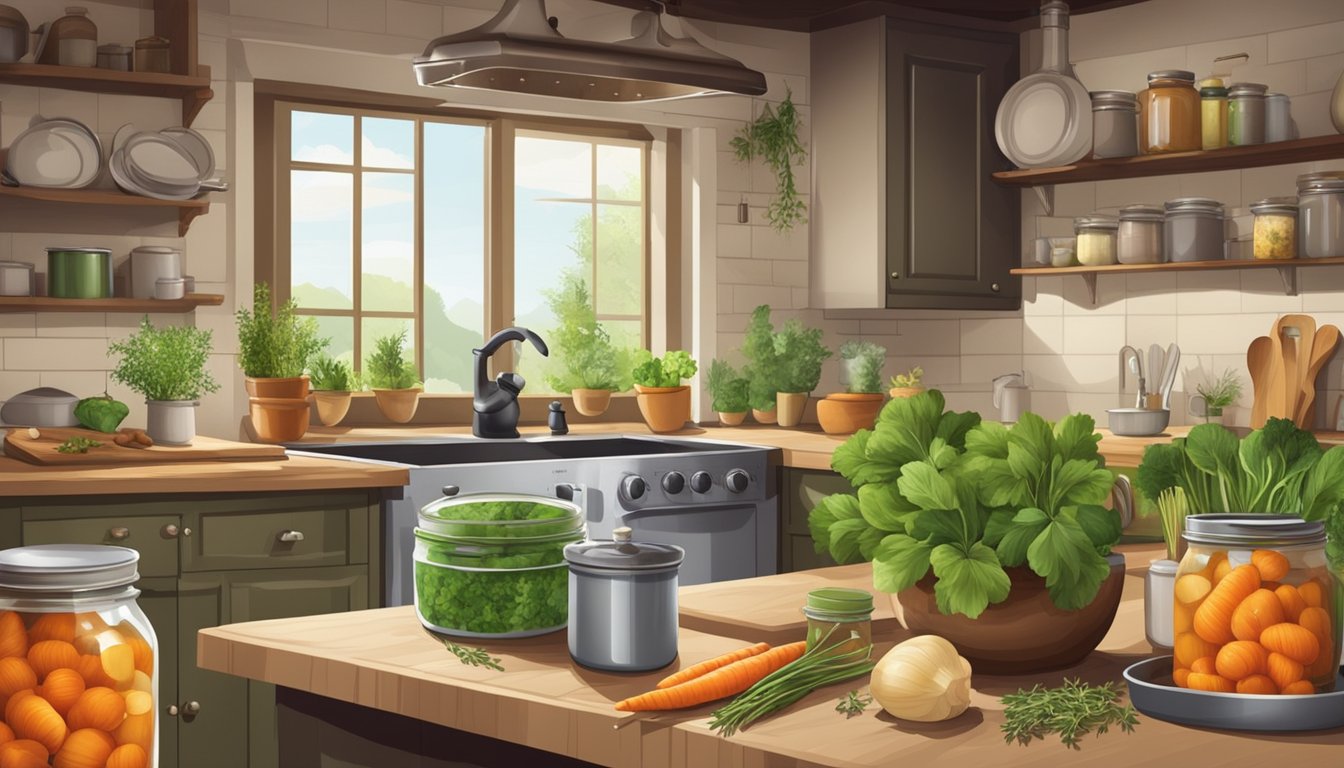 A rustic kitchen with jars of canned rabbit, a large pot simmering on the stove, and fresh herbs and vegetables scattered on the counter